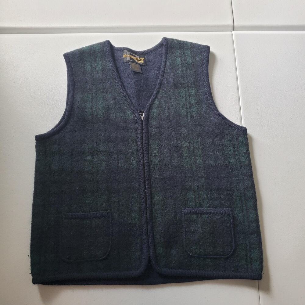 Requirements Sweater Vest Womens Petite Small Blue 100% Wool Plaid Zip Knit